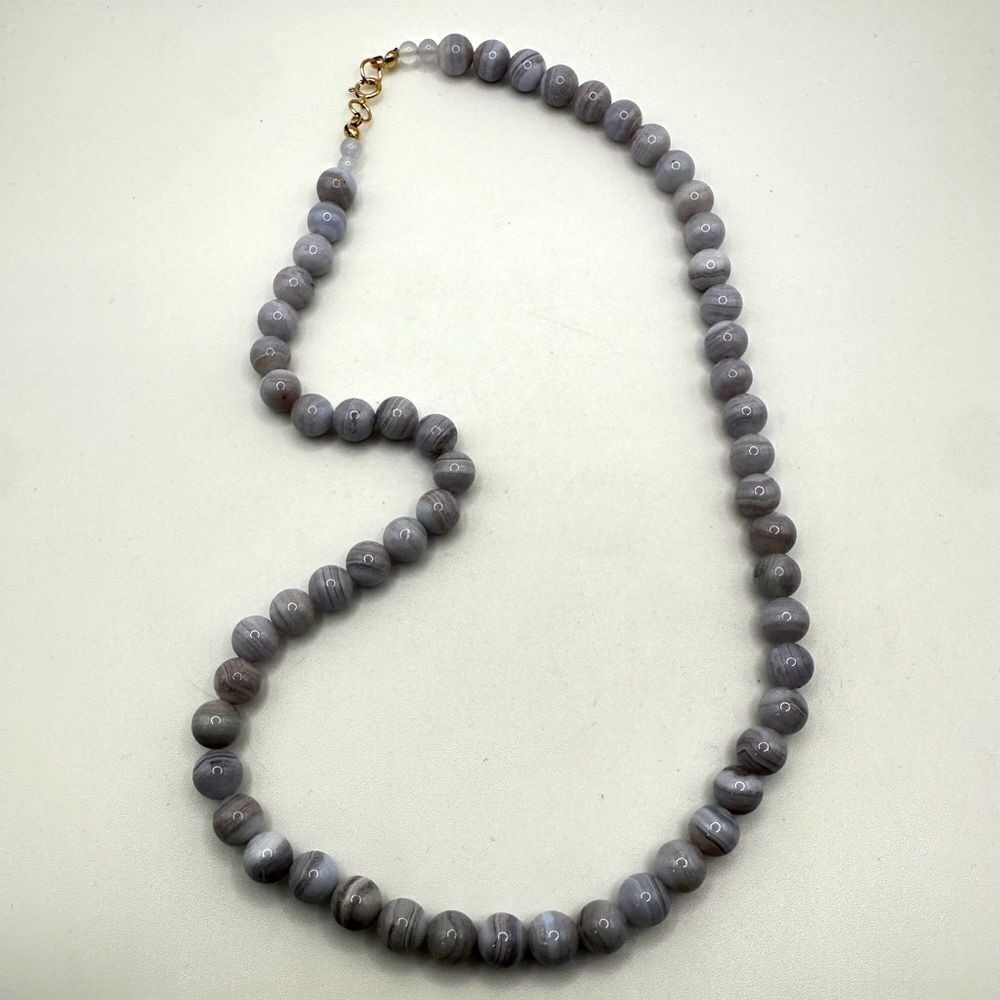 ~20", 8mm blue lace agate stone with 14kt‎ yellow gold hardware, necklace!
